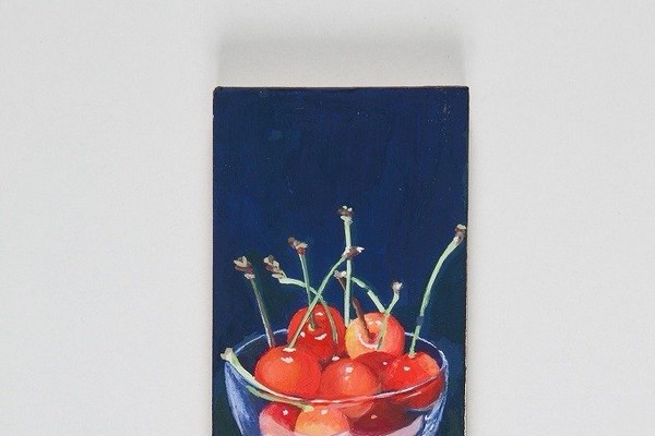 写実的なさくらんぼ、つぶらな瞳のネコ でも、そのキャンバスは